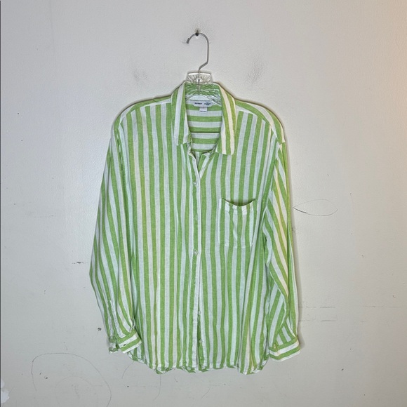 Old Navy The Boyfriend Shirt Green and White Striped Button Front Shirt Medium - Picture 1 of 5